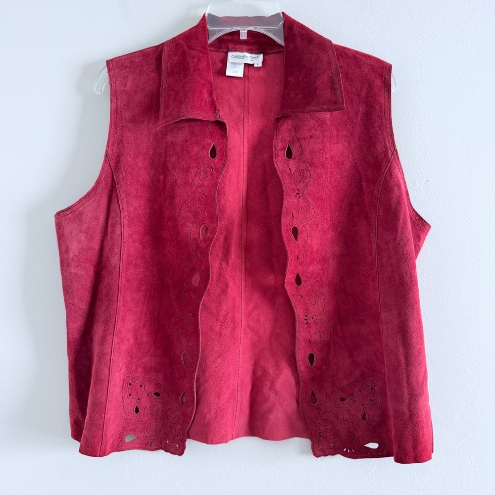 VTG Coldwater Creek Red Suede Leather Cut Out Vest Embroidered Western Boho L